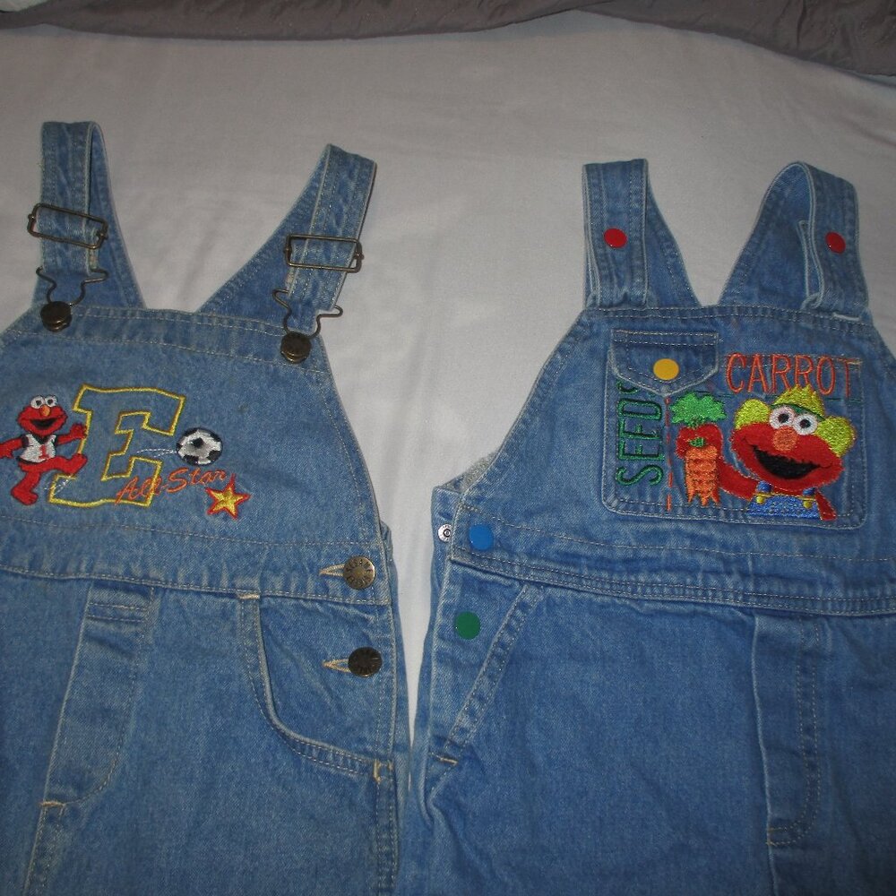 2 pair Y2K Sesame Street ELMO Denim Overalls Sz 4T - Picture 1 of 15